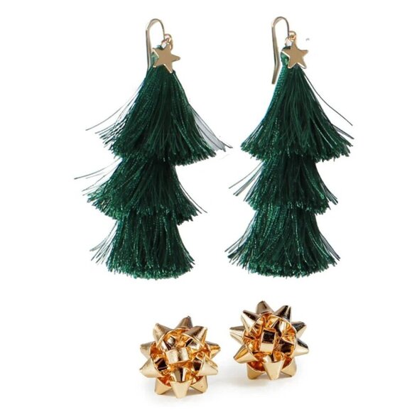Tipsy Elves Christmas Tree Tassel Earrings + Gold Bow Post Earrings Combo - New! - Picture 1 of 3